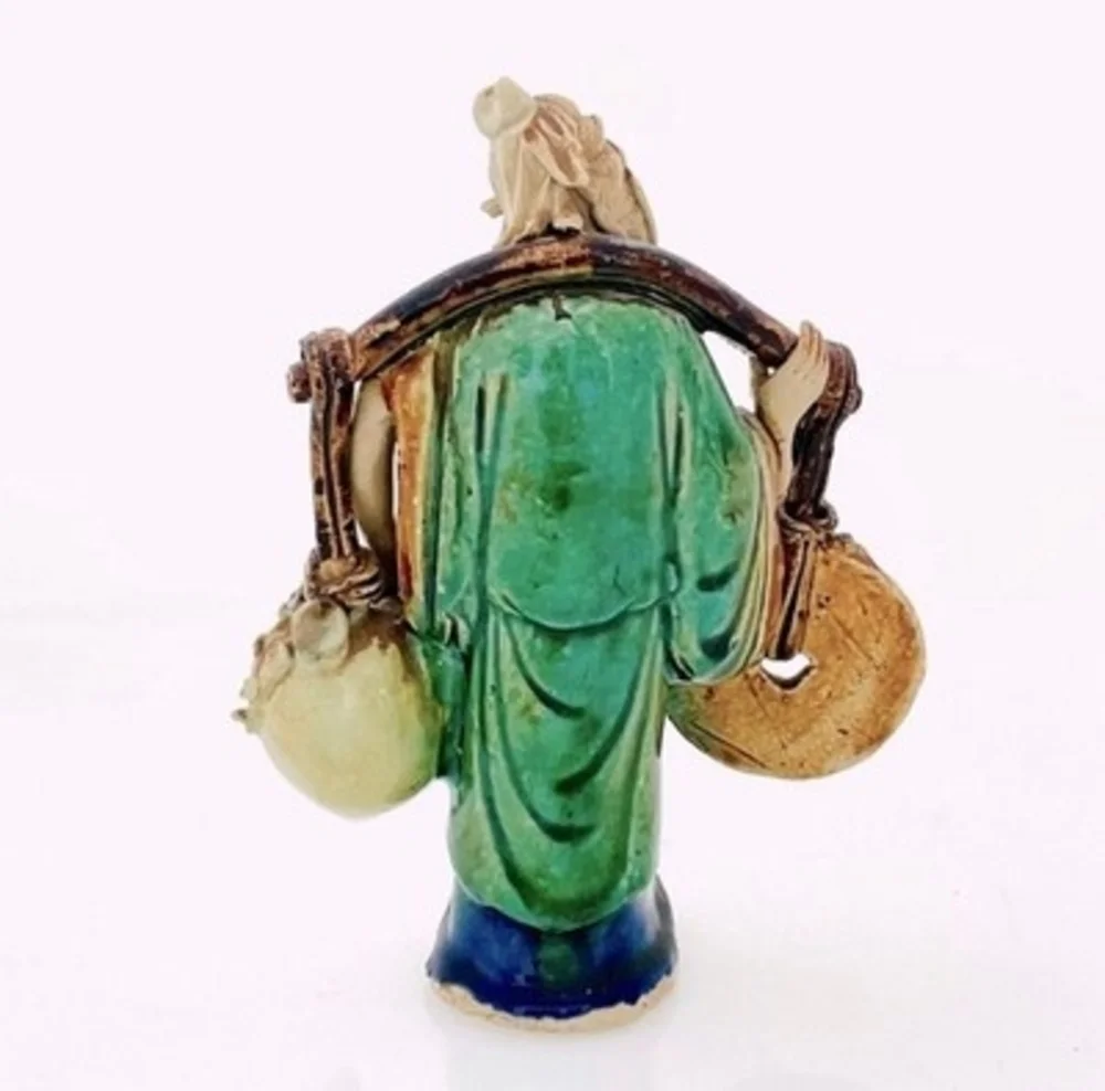 Antique Shekwan Chinese Mudman Figurine Ceramic Statue Carrying Water 6.5 Signed